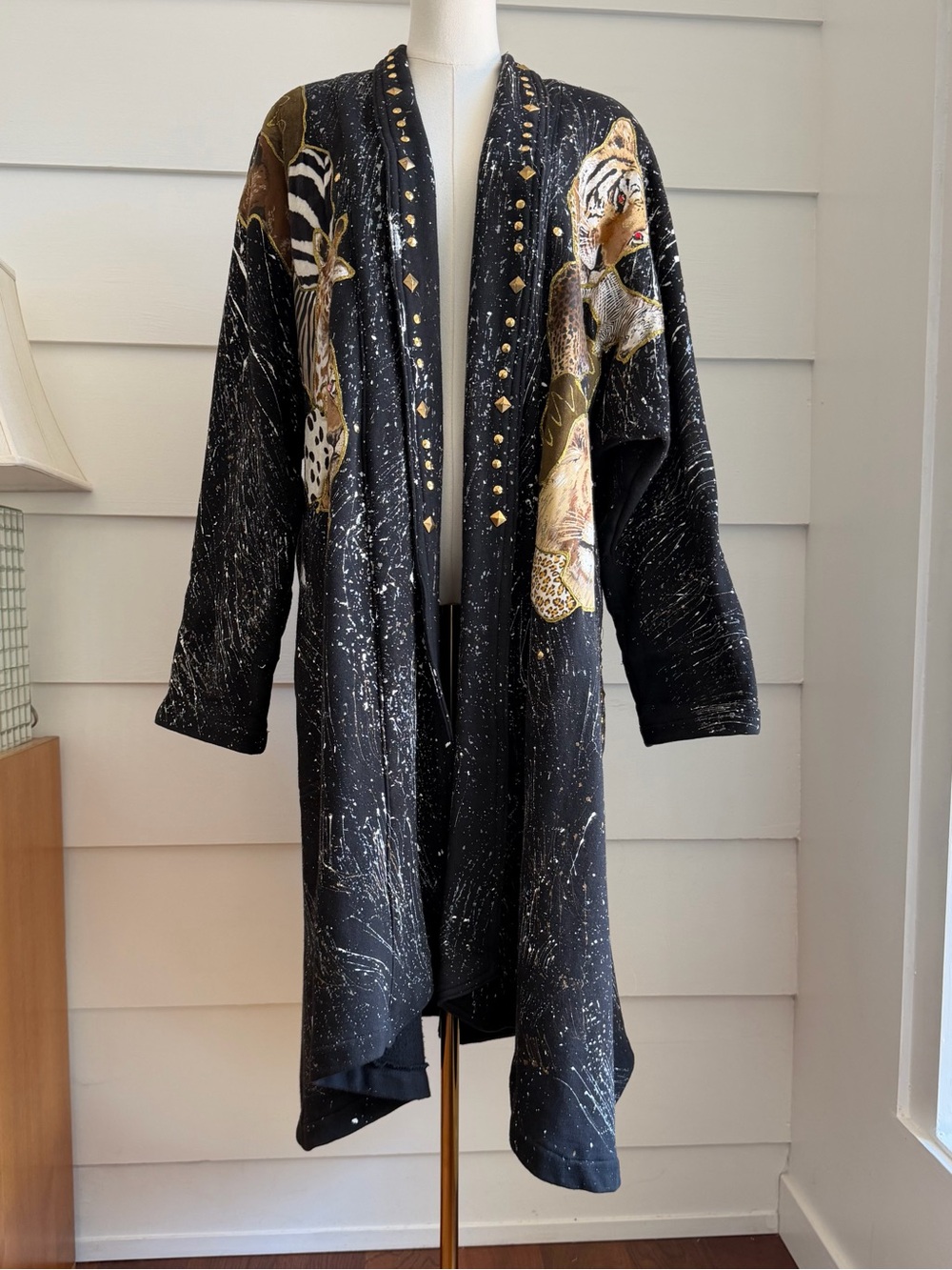 Vintage Upcycled Fleece Duster Coat Splatter Paint Wild Animal & Studded Kimono